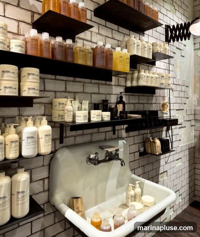 Shelves are filled with various bottles and jars of toiletries, including shampoos, lotions, and creams. A large sink with a faucet is in the foreground, with more bottles and jars placed inside and around it. The walls are tiled with white subway tiles.