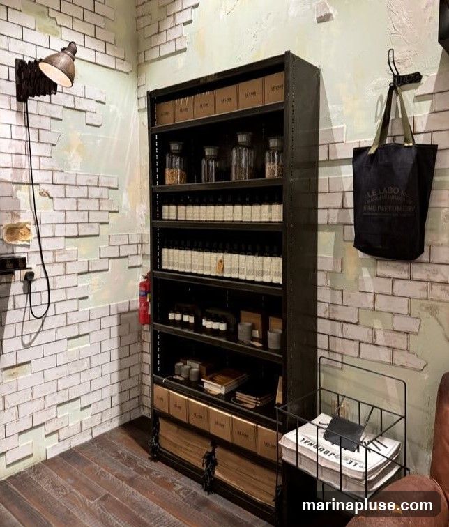 A tall black metal shelf unit is filled with various products, including boxes, glass jars, and bottles. The shelves are organized with rows of identical bottles on the third and fourth shelves. The top shelf has several brown boxes stacked. The lower shelves contain smaller bottles, books, and other items. A black tote bag with the logo "LE LABO FINE PERFUMERY" hangs on the wall to the right. The wall is decorated with a white brick pattern and a light green distressed finish. A vintage-style lamp is mounted on the wall to the left. The floor is made of dark wood planks. A metal rack with newspapers and a small black item is placed in front of the shelf unit.
