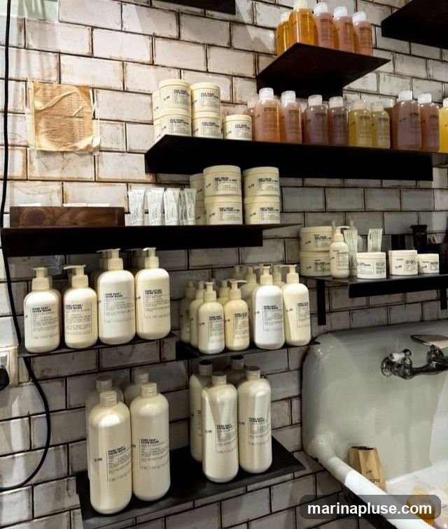Shelves are stocked with various bottles and jars of toiletries and skincare products. The products are mostly in white and clear packaging with black text labels. Some products are in larger pump bottles, while others are in smaller jars and tubes. The shelves are mounted on a white tiled brick wall. A large white sink with a faucet is visible on the right side of the image.