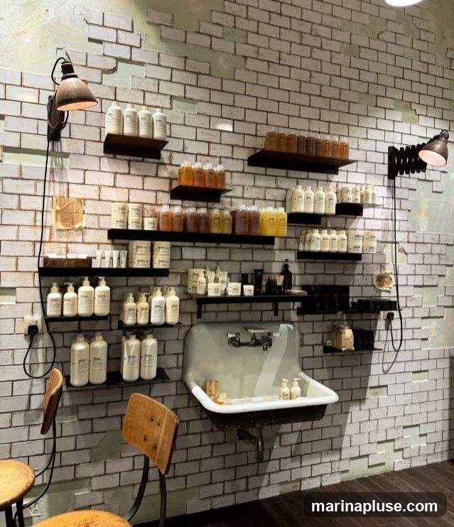 A wall with white brick tiles displays numerous bottles of hair and body products on black shelves. A vintage sink with a faucet is mounted on the wall, with a bar of soap and two pump bottles of liquid soap in it. Two wooden chairs are placed in front of the display. Industrial-style lamps are mounted on the wall above the shelves.
