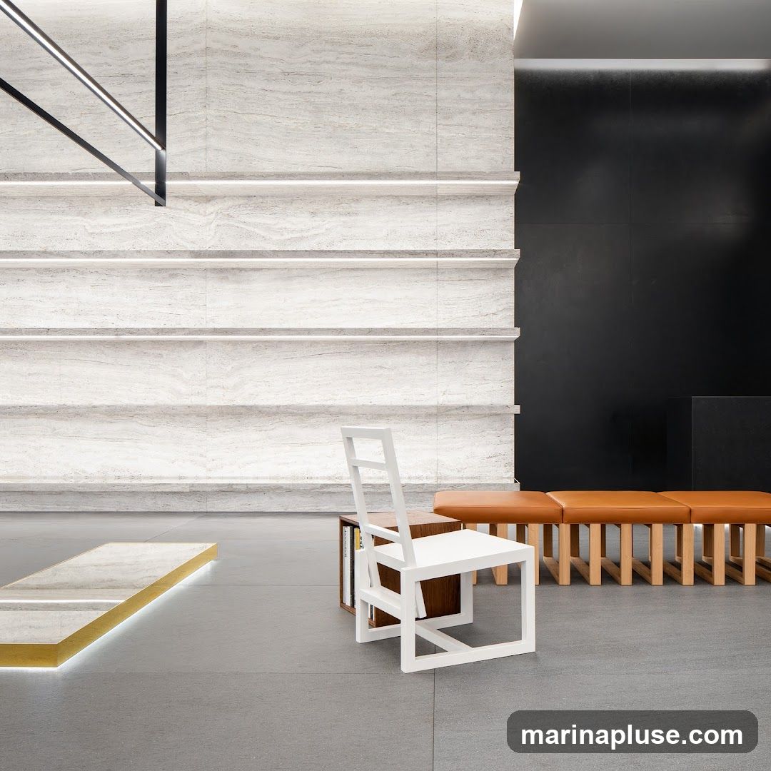 A minimalist interior space featuring a white geometric chair, a wooden bench with tan cushions, and a textured stone wall with integrated lighting. A sleek, dark wall is visible on the right. A low, illuminated display element with a golden edge is on the left. The floor is a neutral gray tile.