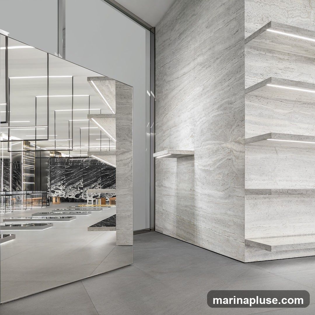 A sleek and modern retail interior with a focus on minimalist design. The space features polished concrete floors, walls clad in textured stone, and integrated LED lighting. Mirrored surfaces reflect the clean lines of the ceiling and display areas. In the background, a black marble wall adds a dramatic contrast, with rows of shelves and display tables visible. The overall aesthetic is luxurious and contemporary.