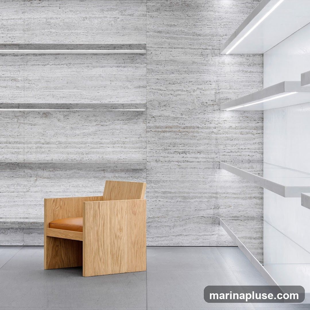 A minimalist interior space featuring a textured stone wall with horizontal shelves and a modern wooden chair with a leather seat. The shelves on the right are white and illuminated. The floor is a smooth grey tile.