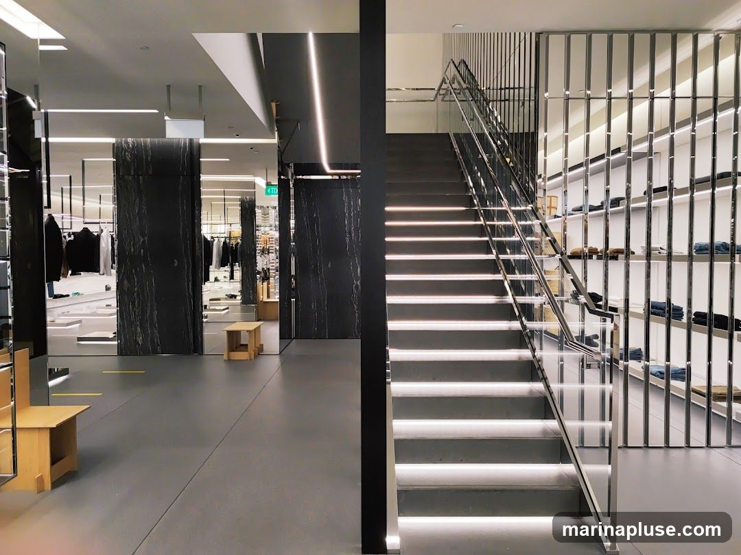 The image shows the interior of a modern retail store. A prominent staircase with illuminated steps and a sleek metal railing leads upwards. To the left, clothing racks display garments, and mirrored panels reflect the store's layout. To the right, shelves are stocked with folded clothing items. The overall aesthetic is minimalist and luxurious, with dark marble accents and polished surfaces.