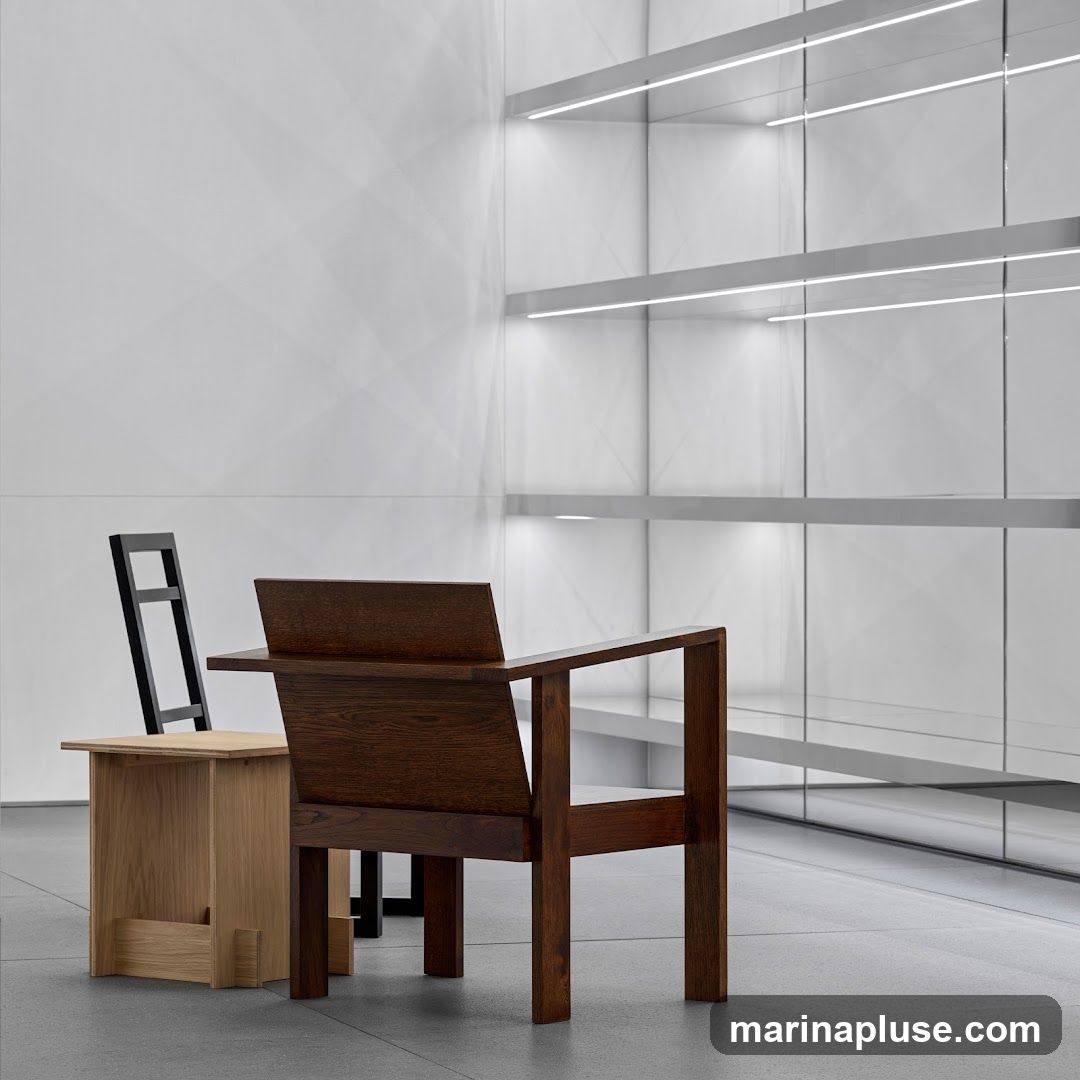 Two chairs, one dark wood and one light wood with a black backrest, are placed in a minimalist interior. The background features white walls with geometric patterns and illuminated shelves, suggesting a showroom or gallery setting.