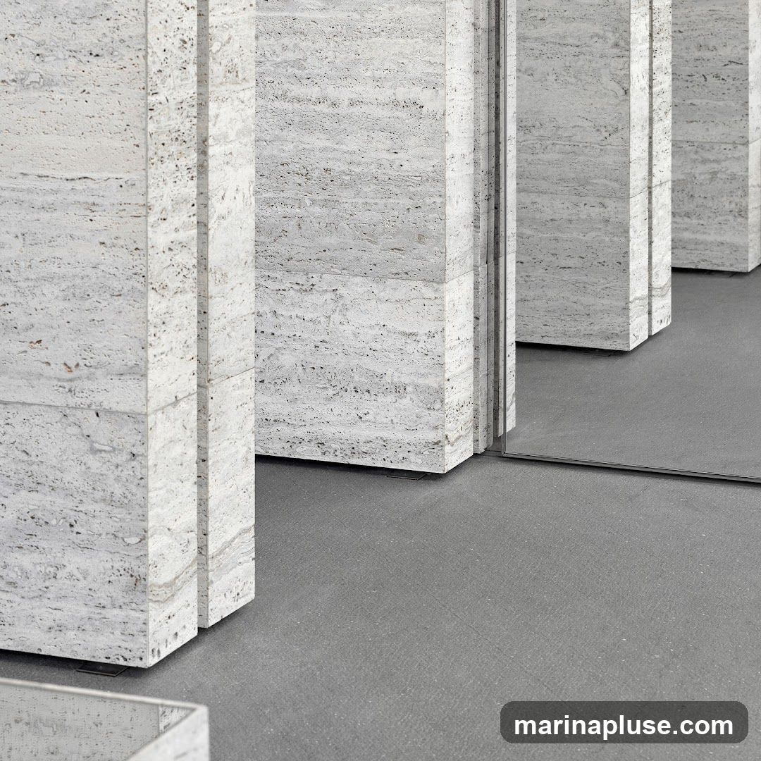 A close-up, low-angle shot of architectural elements, featuring large, rectangular pillars made of textured travertine stone. The pillars are arranged in a row, with a reflective surface, possibly a mirror or polished floor, visible between them and in the foreground. The floor is a smooth, grey concrete. The lighting is even, highlighting the natural patterns and porous texture of the stone.
