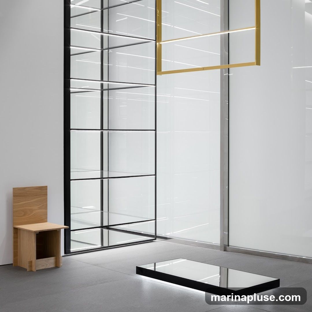 A minimalist retail interior with a tall, multi-shelf glass display case with black framing. To the left, a simple wooden chair with a backrest. In the foreground, a rectangular black display pedestal with illuminated edges. The walls are white and the floor is grey concrete. A gold rectangular light fixture hangs from the ceiling.