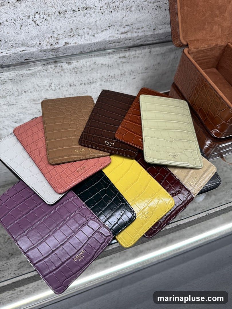 A collection of small, rectangular leather accessories with a crocodile-embossed texture is displayed. The items are arranged in a fanned-out pattern, showcasing a variety of colors including purple, white, pink, tan, dark brown, orange, cream, yellow, and burgundy. Each item features the embossed "CELINE PARIS" logo. A brown leather box with an open lid is visible in the upper right corner.
