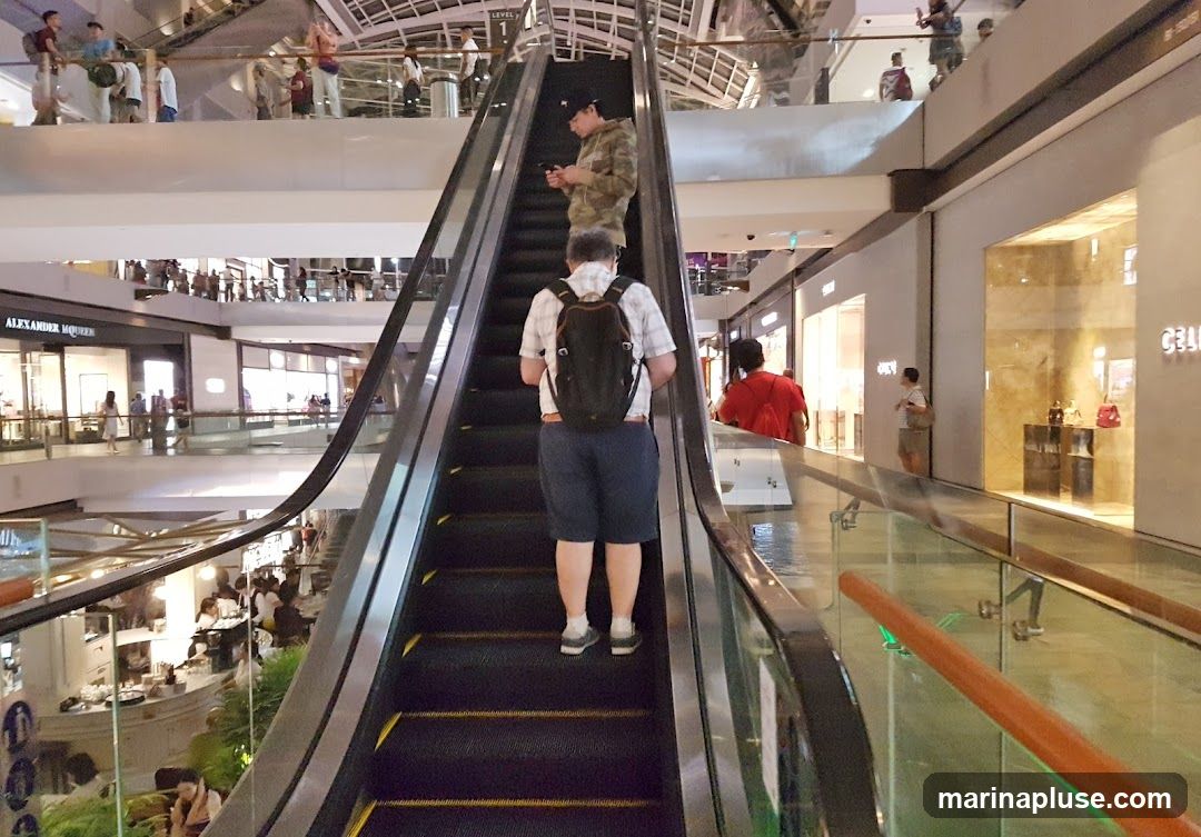 A view from an escalator in a multi-level shopping mall. Several people are riding the escalator, some looking at their phones. Other shoppers are visible on different levels, browsing in stores. Storefronts like Alexander McQueen and Celine are visible.