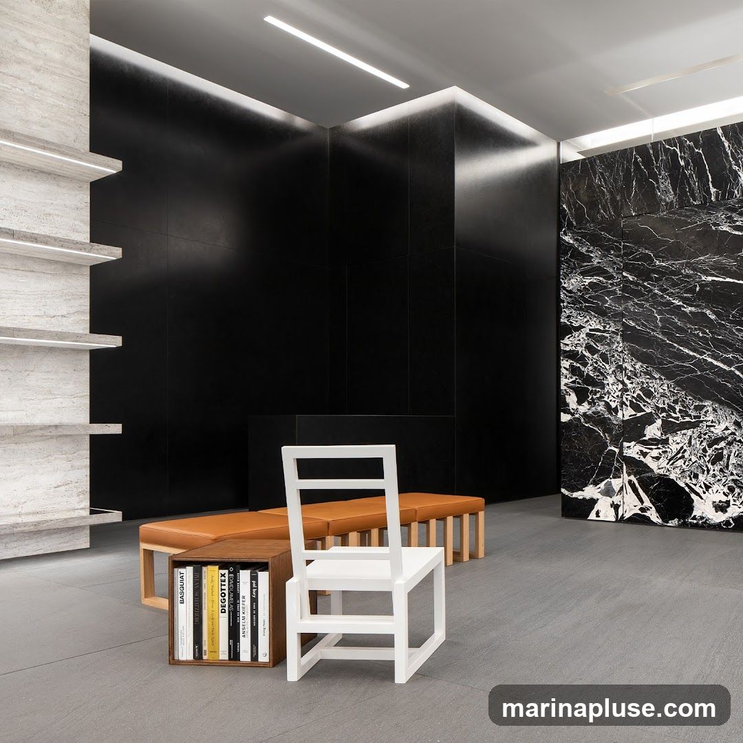 A minimalist interior space featuring a white chair, a tan bench, and a wooden cube filled with books. The walls are a mix of black tiles and a striking black and white marble slab. To the left, a textured stone shelf unit with integrated lighting is visible.