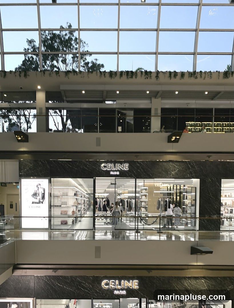 A view of a Celine store from across a multi-level interior space. The store has a modern facade with large glass windows and doors. The Celine Paris logo is prominently displayed above the entrance. Inside, racks of clothing and display shelves with merchandise are visible. Several people are seen browsing inside the store. The store is illuminated by bright interior lighting, and the reflective floors create a sense of depth. Above the store, a glass ceiling allows natural light to enter the space, with trees and sky visible through it.