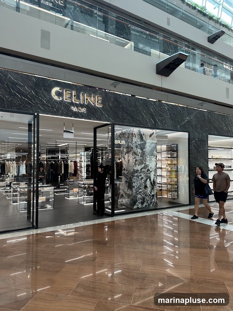 The exterior of a Celine Paris store, featuring a black marble facade with the brand name and "Paris" in gold lettering. The store interior is visible through large glass windows, displaying clothing racks and display shelves. Two individuals are walking past the storefront.