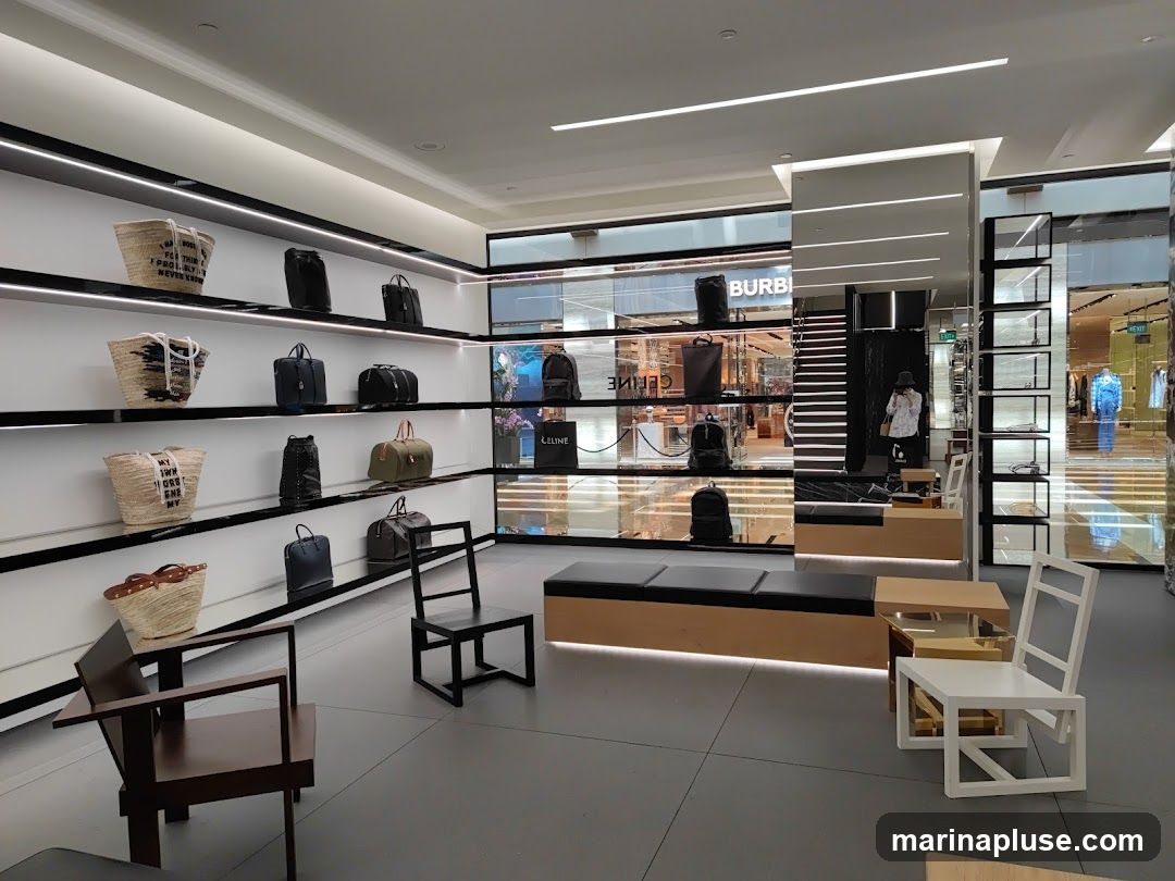 A well-lit interior of a luxury store, showcasing a variety of handbags and accessories on display shelves. The store features modern shelving units, seating areas with minimalist chairs and benches, and reflective surfaces. Through the glass partitions, other retail spaces are visible, including a store with 'BURBERRY' signage and another with 'CELINE' signage.