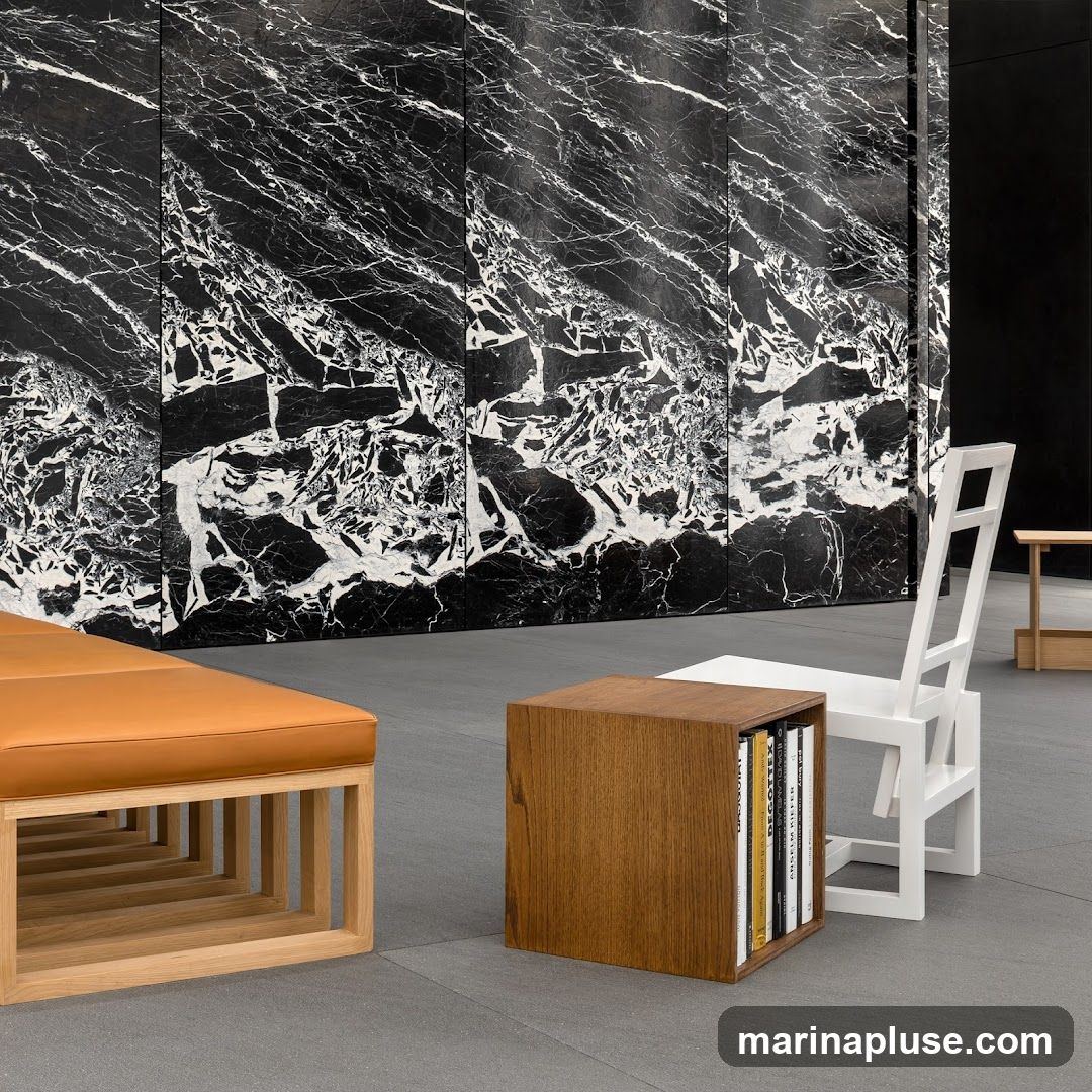 A contemporary interior space featuring a striking black and white marble wall as a backdrop. In the foreground, a minimalist orange leather bench with a wooden frame is visible, along with a small wooden cube serving as a side table or display for books. A white modern chair with a unique ladder-like back is positioned behind the wooden cube. The overall aesthetic is clean, sophisticated, and architectural.