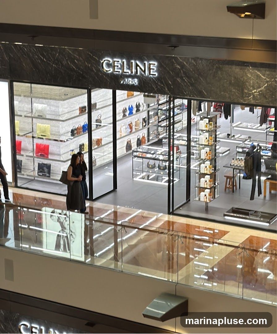 The exterior of a Celine Paris store is visible, with the brand name illuminated above the entrance. The store displays various handbags and accessories on shelves behind large glass windows. Two women are seen walking in front of the store.