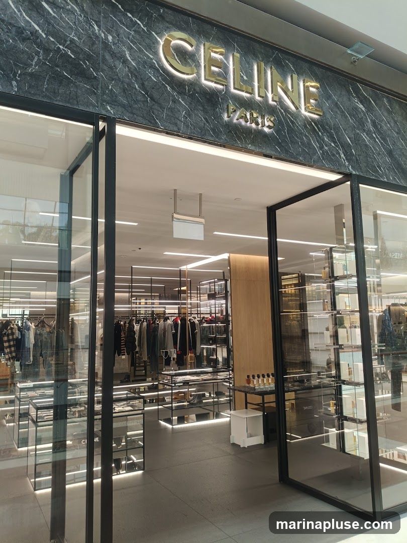 The exterior of a Celine Paris store with a marble facade and large glass windows. The store's name, "CELINE PARIS," is displayed in large gold lettering above the entrance. Inside, clothing racks and display shelves are visible, showcasing merchandise.