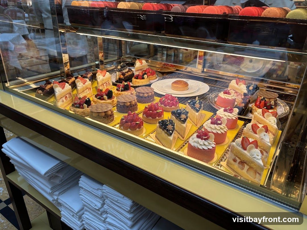 A display case filled with various pastries, including sliced cakes, tarts, and macarons. The pastries are arranged on yellow trays and silver platters. In the foreground, stacks of white napkins are visible on a shelf.
