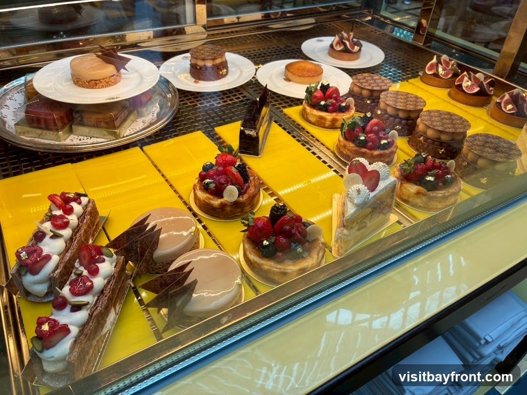A close-up view of a refrigerated display case filled with various pastries and cakes. The desserts include fruit tarts topped with berries and figs, layered cakes, and individual mousse cakes. Some pastries are decorated with gold leaf and chocolate accents. The display is set against a bright yellow background.
