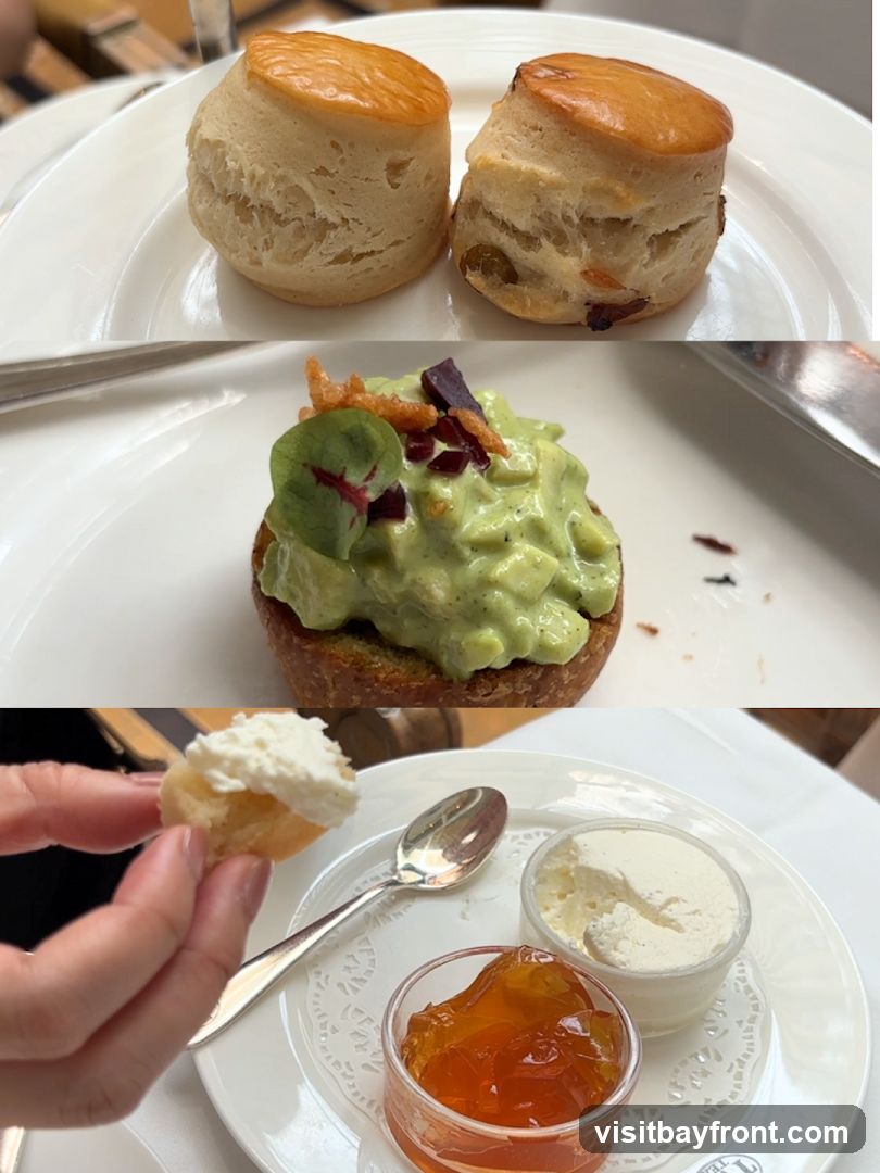 A close-up, multi-panel image showcasing elements of an afternoon tea service. The top panel displays two golden-brown scones on a white plate. The middle panel features a small, round piece of toast topped with a creamy green mixture, garnished with crispy bits and purple pieces. The bottom panel shows a hand holding a piece of scone with cream, next to a small container of orange jelly and a tub of clotted cream, with a spoon resting on the plate.