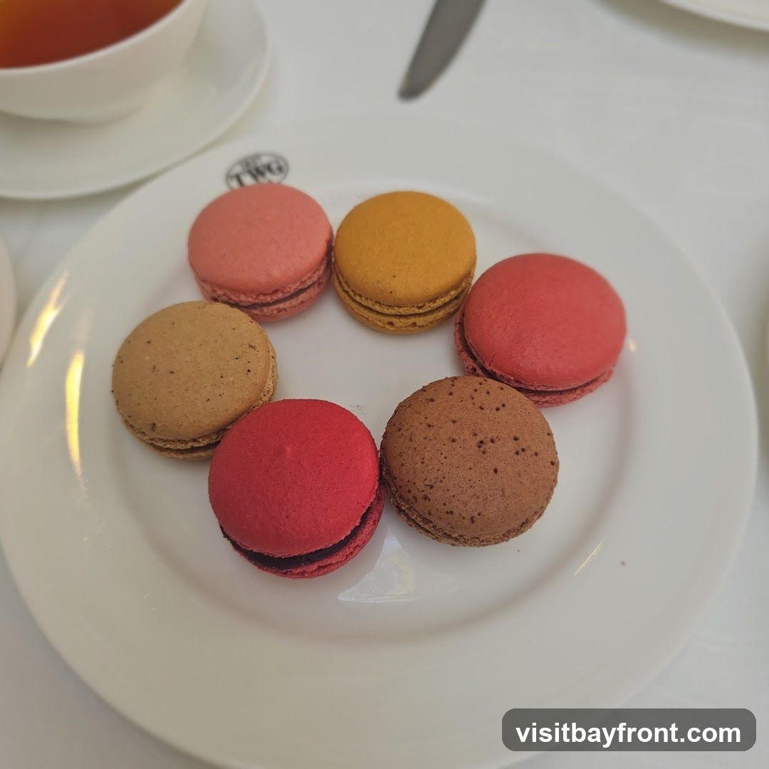 A white plate holds six colorful macarons arranged in a circle. The macarons are in shades of pink, orange, red, and brown. A white teacup and saucer are visible in the upper left corner, and a knife is partially visible in the upper right. The TWG logo is embossed on the plate.