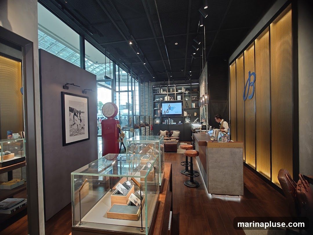 The interior of a modern luxury watch store. Display cases with watches are prominent in the foreground. A counter with a staff member is visible in the background, along with shelving displaying books and decorative items. A large blue logo is mounted on a textured wall.