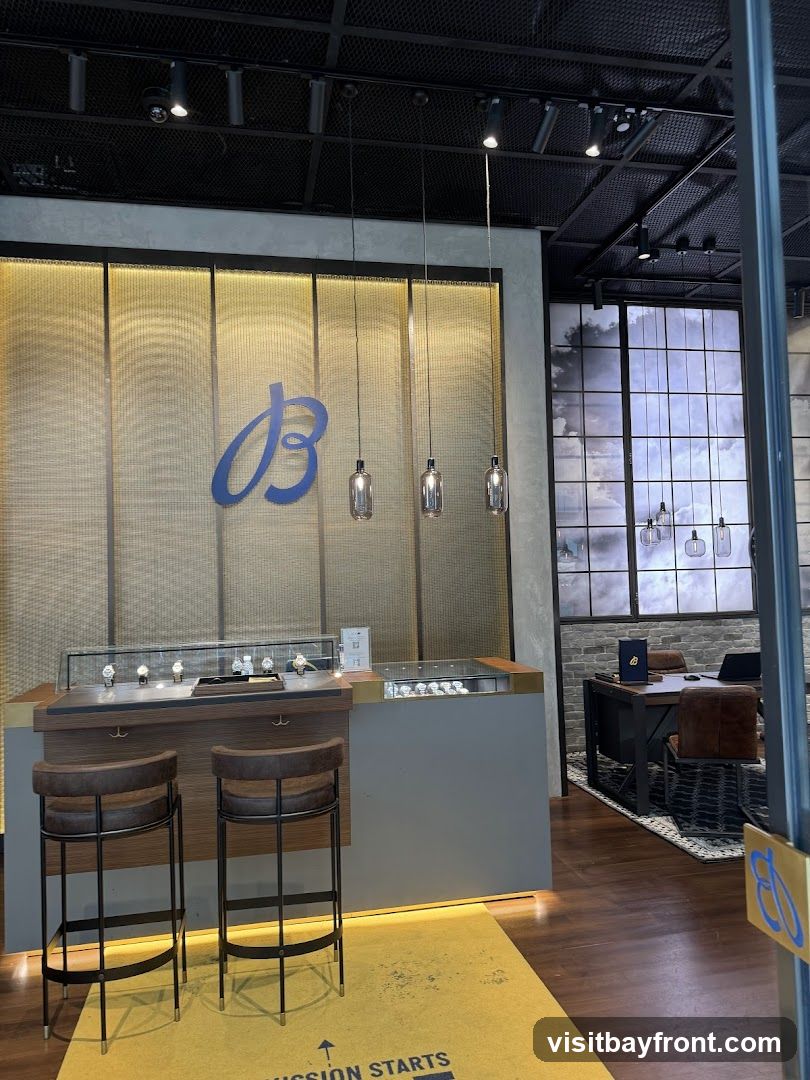 The interior of a Breitling watch store features a display counter with watches, two bar stools, and a large blue Breitling logo on a textured wall. To the right, a desk area with chairs is visible, along with a window displaying a cloudy sky. A yellow mat with text is on the floor.