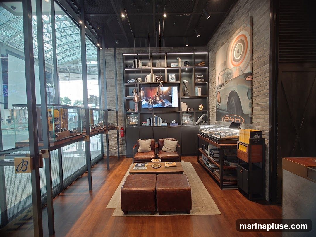 The interior of a Breitling store features display cases with watches, comfortable seating areas with leather chairs and ottomans, and shelves stocked with books and decorative items. A large painting of a vintage car hangs on a brick wall. A television screen displays content, and ambient lighting enhances the sophisticated atmosphere.