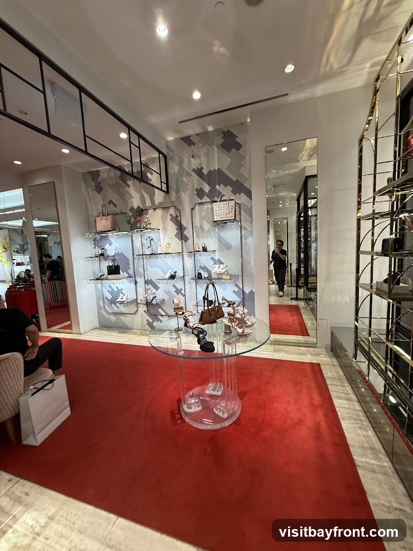 The interior of a high-end retail store, likely a shoe and handbag boutique. A plush red carpet covers the floor, leading to display shelves filled with various women's shoes and handbags. A circular glass table in the foreground showcases more footwear. In the background, a person is visible walking through a doorway, and mirrors reflect the store's elegant design. The walls feature a modern, geometric pattern.