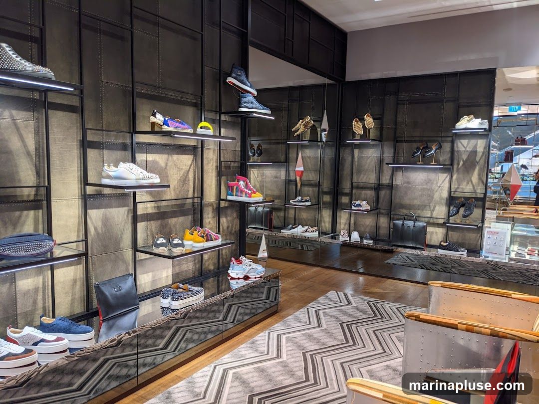 A well-lit interior of a high-end shoe store. Various styles of men's and women's footwear, including sneakers, loafers, and heels, are displayed on sleek, modern shelving units. Some handbags are also visible. The store features a dark, textured wall paneling and a patterned rug on the floor. Seating areas with metallic accents are present in the foreground.