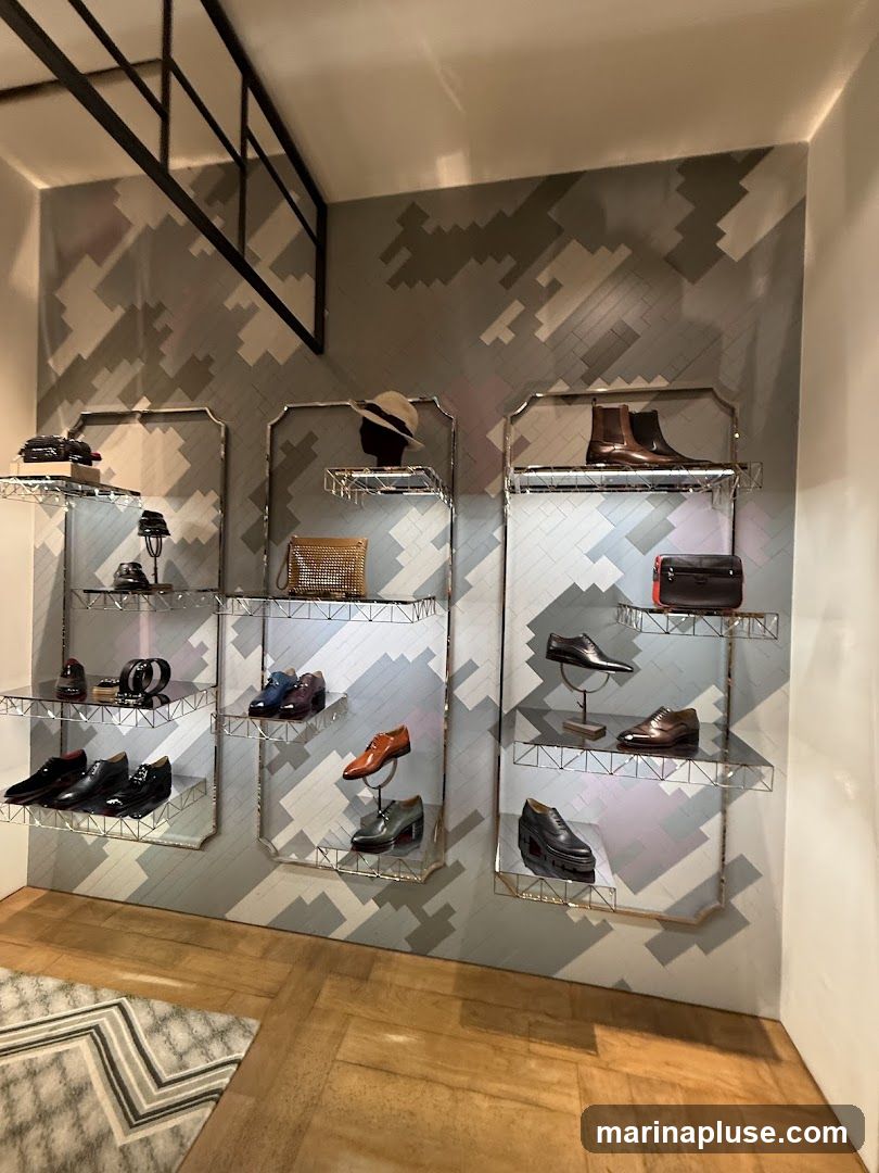 A retail display featuring various men's shoes and accessories on tiered shelves against a patterned wall. The shoes include dress shoes, boots, and loafers in different colors and styles. Accessories like hats and handbags are also visible. The flooring is light-colored wood, and a patterned rug is partially visible in the foreground.