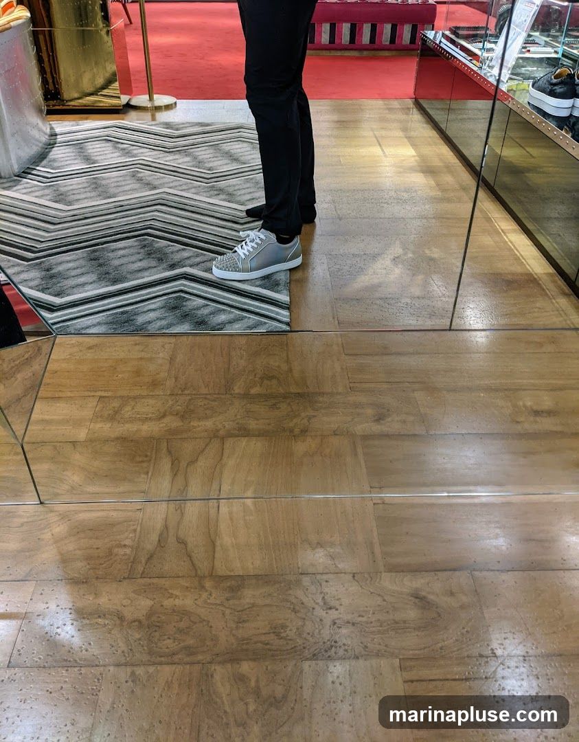 A person stands on a patterned rug in a store, wearing black pants and silver sneakers with silver studs. The floor is made of polished wood. In the background, a red carpet is visible, along with display cases and furniture. The image is taken from a low angle, focusing on the footwear and the immediate surroundings.