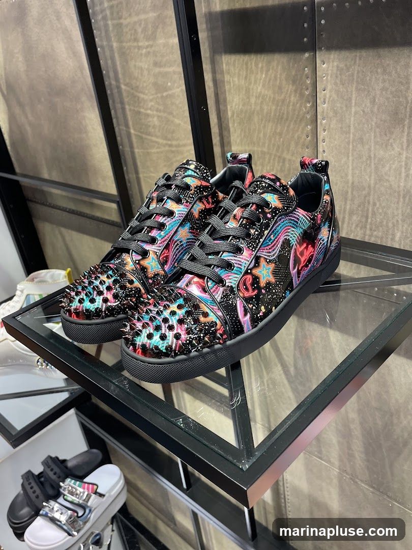 A pair of black Christian Louboutin sneakers with a colorful, starry, and abstract print. The sneakers are adorned with black spikes on the toe box and have black laces. They are displayed on a glass shelf in a retail setting. Other footwear, including sandals, is visible on lower shelves.