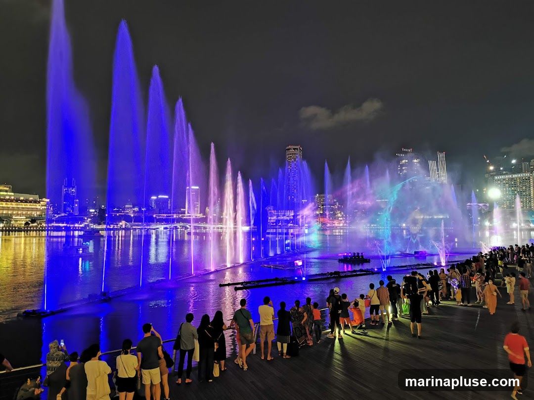 A crowd of people watches a spectacular fountain show at night. The fountains are illuminated with vibrant blue and purple lights, creating a dazzling display over the water. In the background, city skyline buildings are visible, some lit up, adding to the urban ambiance. The reflections of the lights and fountains shimmer on the water's surface.