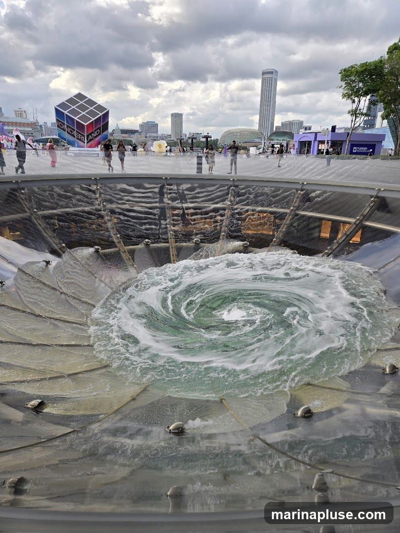 A large, circular water vortex fountain is in the foreground, with a cityscape in the background under a cloudy sky. People are visible walking around the fountain area. A large cube structure with the word "WONDERLAND" is also visible in the background.