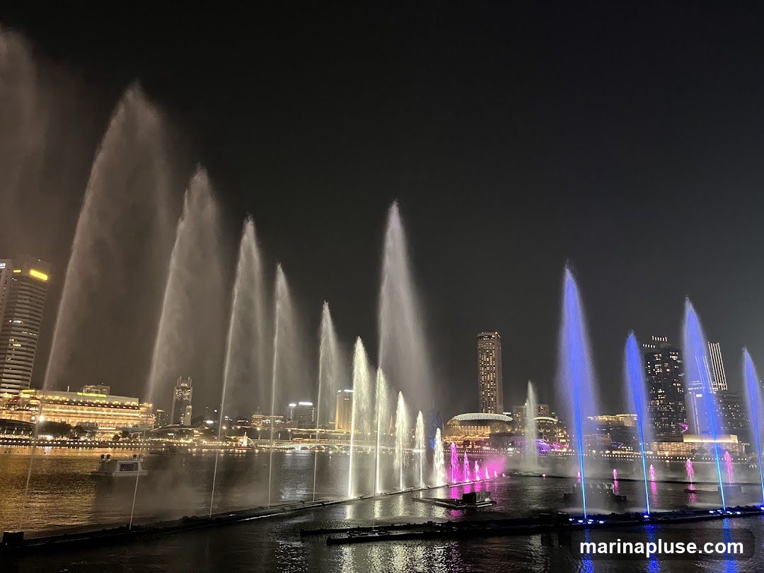 A nighttime view of a large-scale water fountain show with illuminated jets of water spraying high into the air. The fountains are lit with various colors, including white, yellow, pink, and blue. In the background, a city skyline with tall buildings and lights is visible across a body of water. The overall scene is dark with the bright lights of the fountains and city creating a vibrant spectacle.