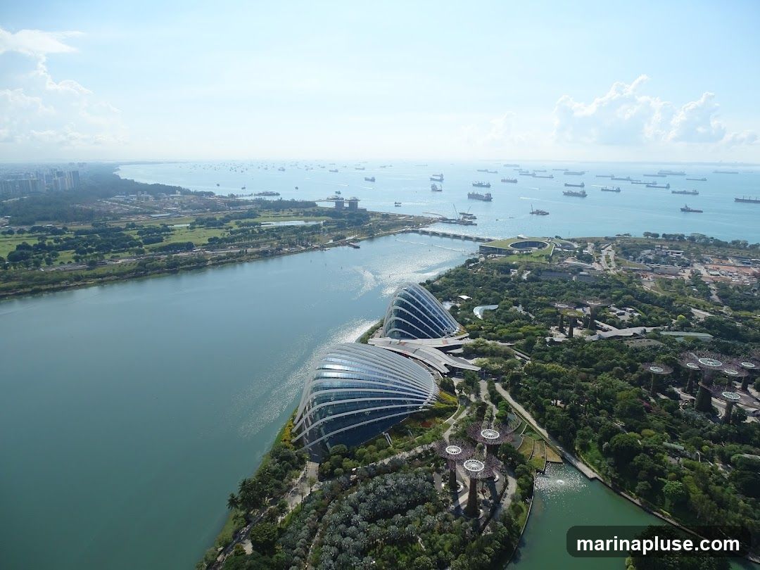 An aerial view captures the iconic Gardens by the Bay in Singapore, featuring its distinctive conservatories and Supertree Grove. The vast expanse of the sea is dotted with numerous cargo ships, indicating a busy port. In the distance, the urban skyline of Singapore rises, with residential buildings and infrastructure visible along the coastline. The sky is bright blue with scattered white clouds, suggesting a clear day.