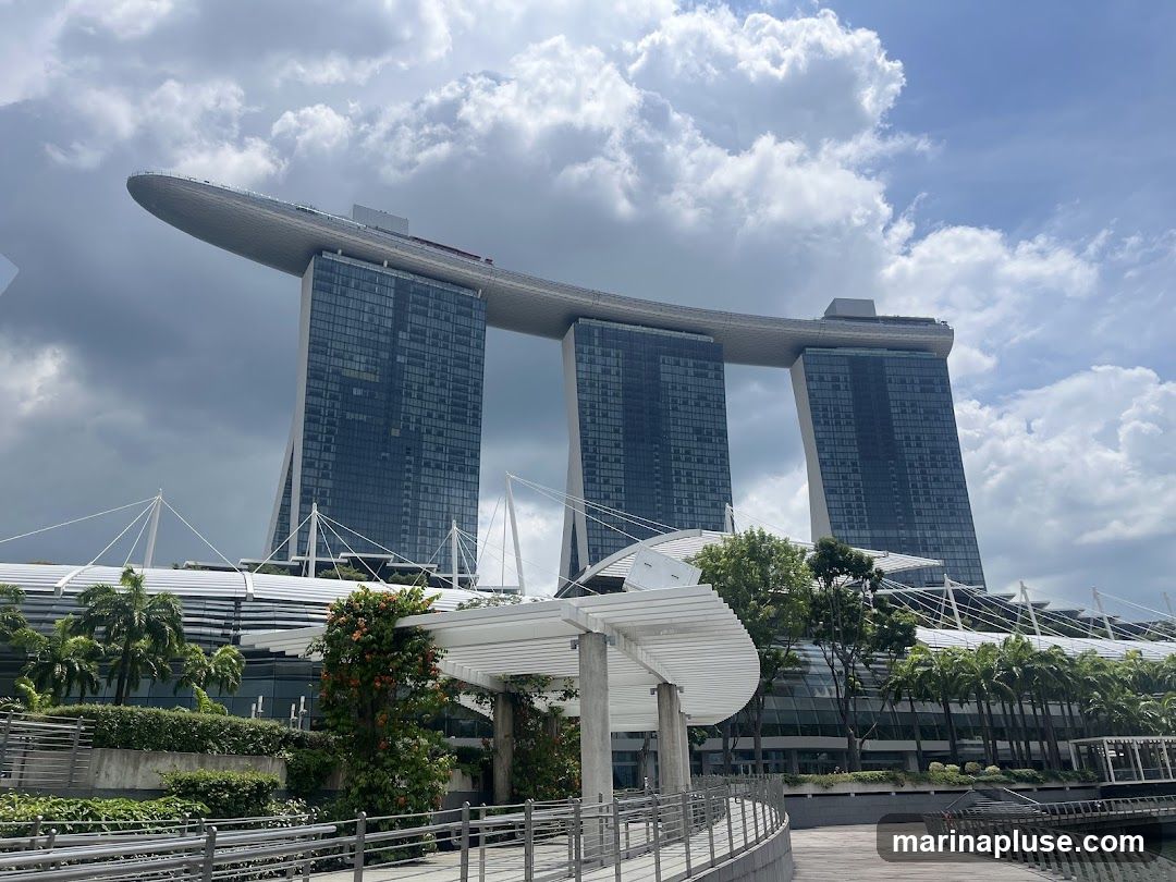 A wide shot of the Marina Bay Sands hotel in Singapore on a partly cloudy day. The iconic three towers are visible, connected by the SkyPark at the top. In the foreground, there is a walkway and some greenery.