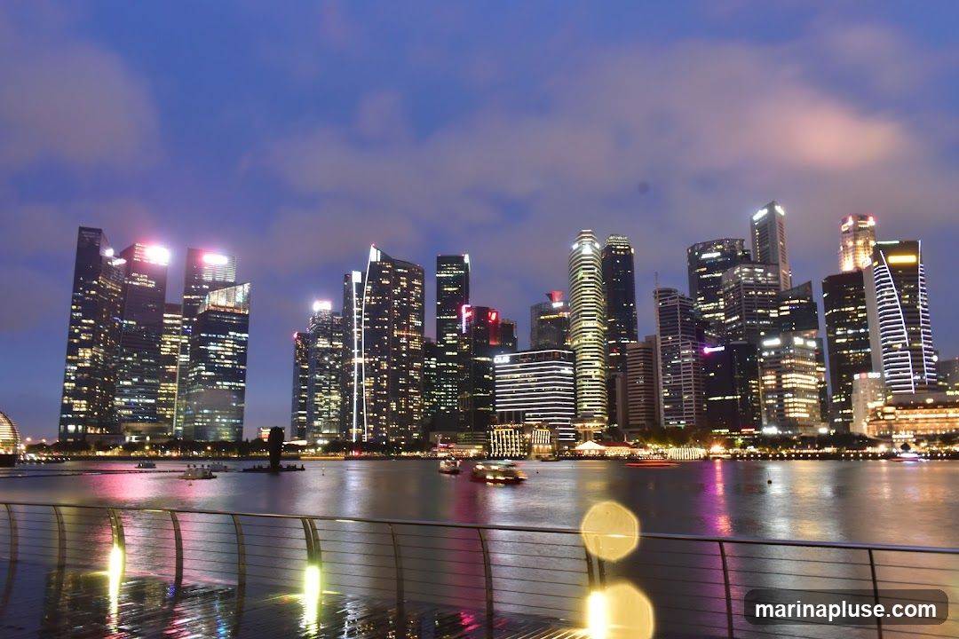 A panoramic view of a modern city skyline at dusk, with numerous skyscrapers illuminated by countless lights. The buildings are reflected in the calm water in the foreground, where several boats are visible. The sky is a deep blue with scattered clouds, and the overall scene is vibrant and bustling.