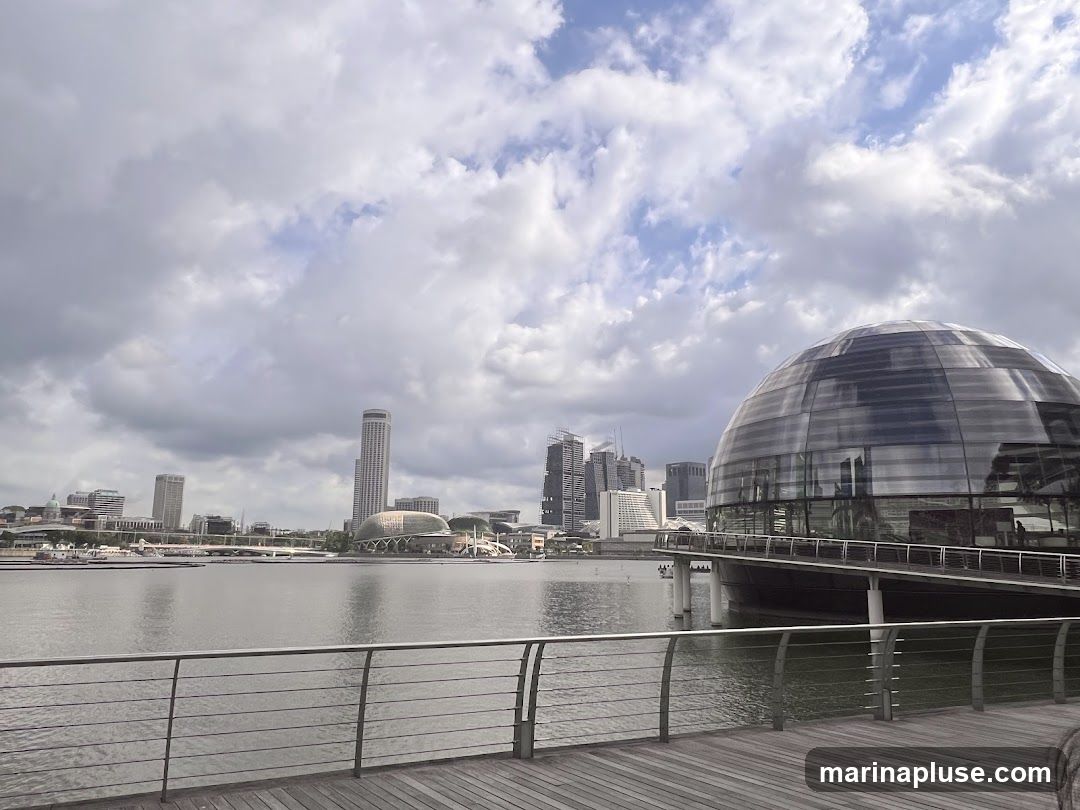 A wide shot of a waterfront with a modern, domed glass building in the foreground. In the background, a city skyline with various skyscrapers and other buildings is visible under a cloudy sky. A wooden walkway with metal railings is in the foreground, leading towards the water.
