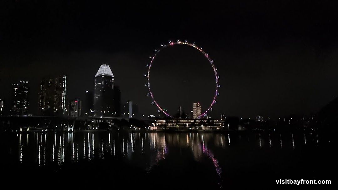 A nighttime view of a city skyline featuring a large Ferris wheel illuminated with colorful lights. The Ferris wheel is the central focus, with several tall buildings visible behind it. The lights of the buildings and the Ferris wheel are reflected in the dark water in the foreground. The sky is dark and cloudy.