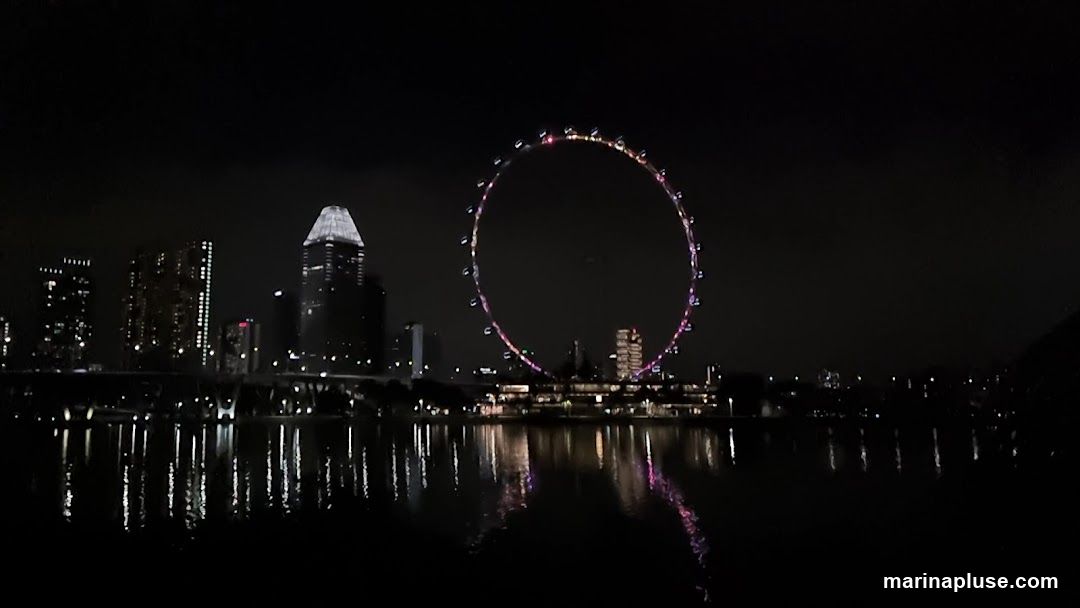 A nighttime view of a city skyline featuring a large Ferris wheel illuminated with colorful lights. The Ferris wheel is the central focus, with several tall buildings visible behind it. The lights of the buildings and the Ferris wheel are reflected in the dark water in the foreground. The sky is dark and cloudy.
