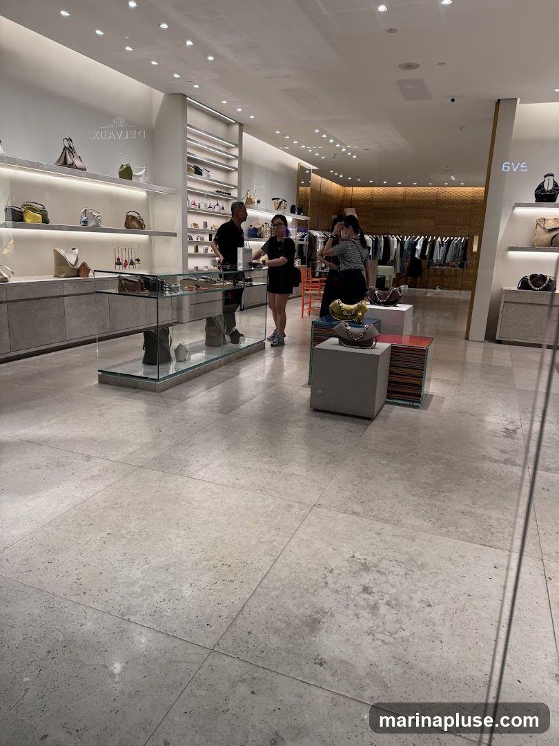 The interior of a high-end store displays a variety of handbags and accessories on shelves and in glass cases. Several customers are browsing the merchandise, and staff members are present. The store features a modern and minimalist design with bright lighting and polished floors.