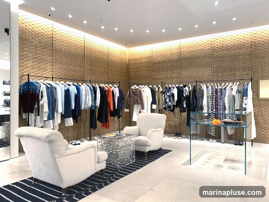A well-lit clothing store interior with racks of apparel, seating areas, and display cases. The walls are covered in a textured, woven material, and the ceiling has recessed lighting. Two plush armchairs are placed on a striped rug in the foreground, facing a clear acrylic coffee table. Clothing racks display a variety of garments, including sweaters, shirts, dresses, and pants, in a range of colors and styles. A glass display case showcases accessories.