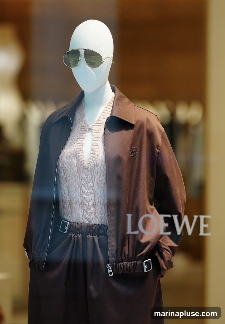 A mannequin is displayed in a shop window, wearing a light pink cable-knit sweater with a keyhole neckline and a brown bomber jacket. The mannequin also wears brown pants and aviator sunglasses. The Loewe logo is visible on the jacket and on the window.