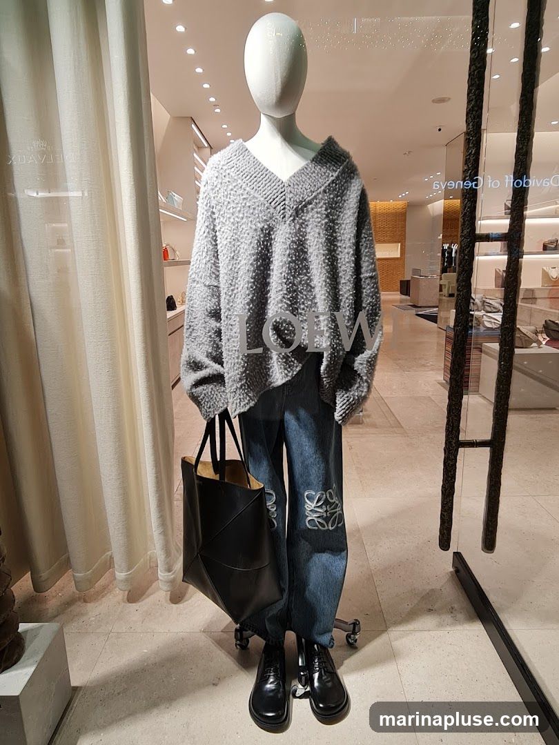 A mannequin is displayed in a store window, wearing a grey textured sweater, blue jeans with embroidered logos, black shoes, and carrying a black tote bag. The store interior is visible in the background, with shelves displaying merchandise.