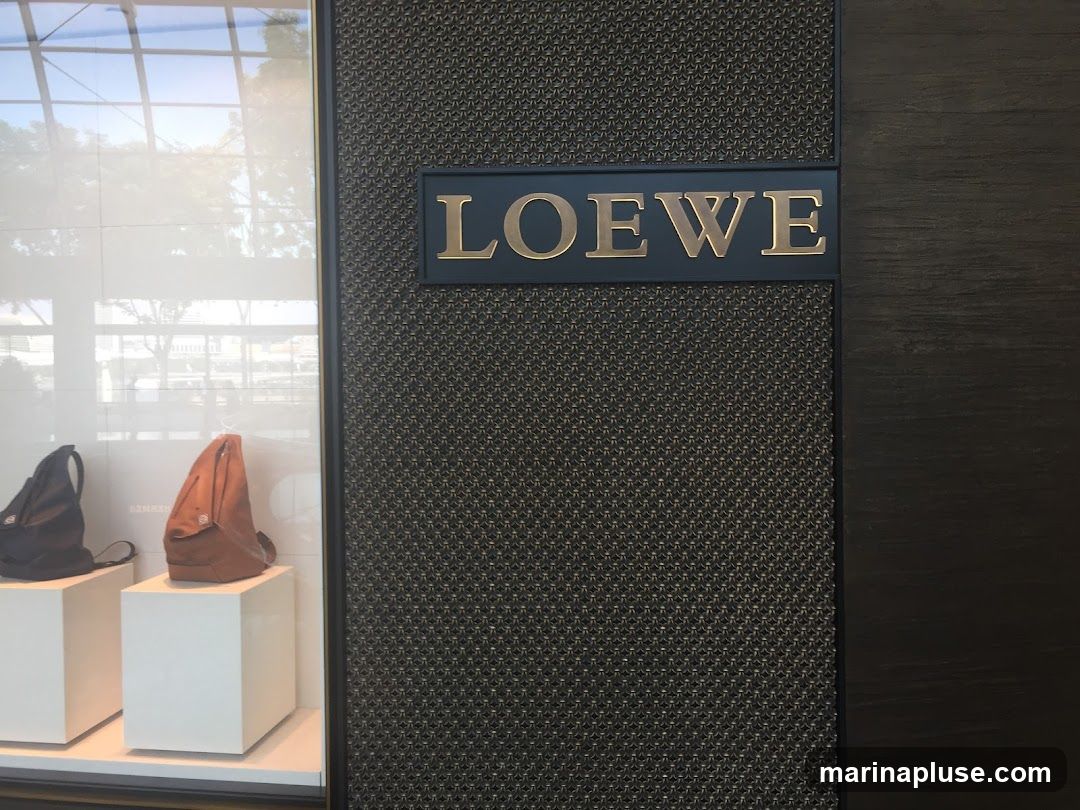 A close-up view of a Loewe store's facade. The prominent signage displays the brand name "LOEWE" in gold lettering against a dark background. To the left, a display window showcases two handbags on white pedestals. The left handbag is black, and the right is a tan-brown color. The window reflects the sky and surrounding buildings. The right side of the facade features a dark, textured material.