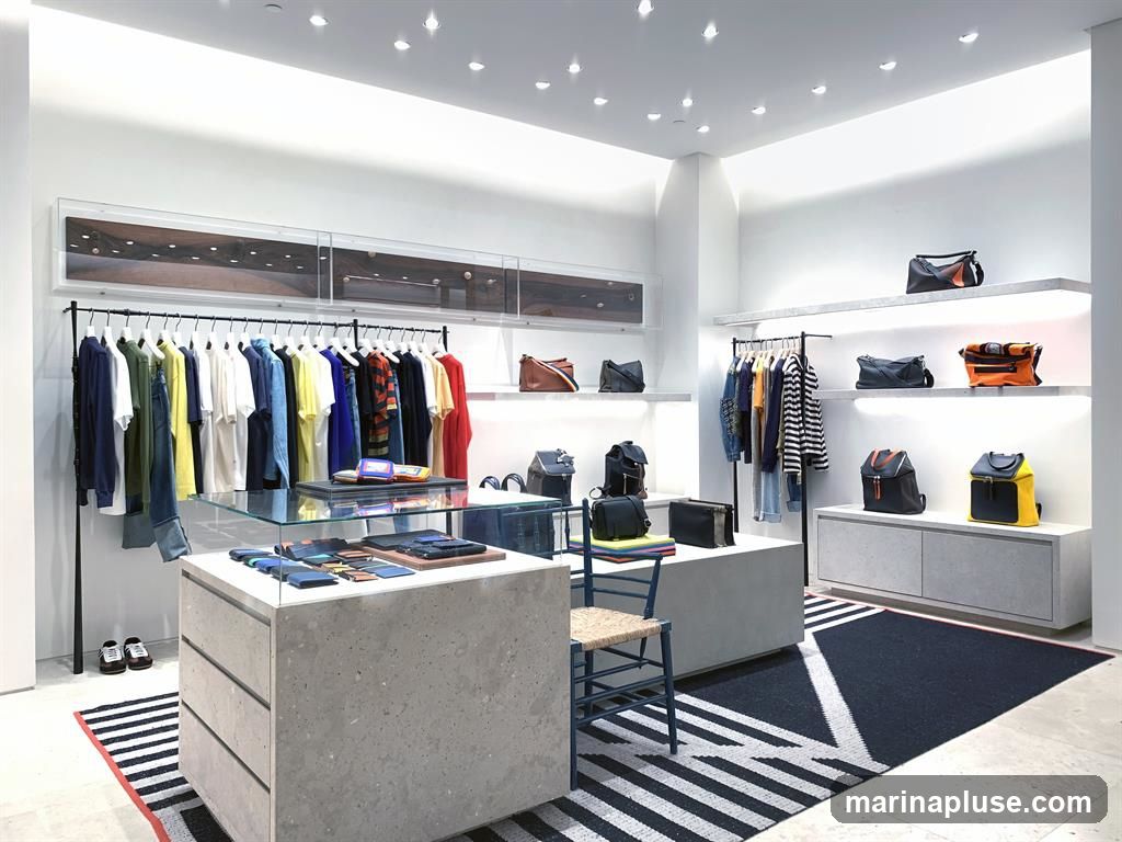 A brightly lit, modern retail store interior featuring clothing and accessories. Racks of colorful t-shirts and jackets are displayed, alongside shelves showcasing various handbags and backpacks. A central display island holds smaller leather goods, and a patterned rug adds a graphic element to the floor.