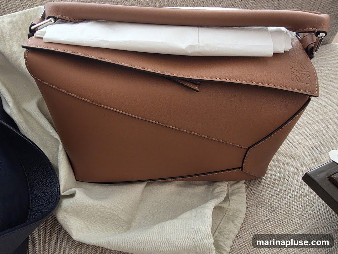 A close-up shot of a brown leather handbag with the LOEWE logo embossed on the side. The bag is resting on a textured surface, possibly a couch or rug, with a dust bag and another dark bag partially visible. White tissue paper is tucked inside the handbag.