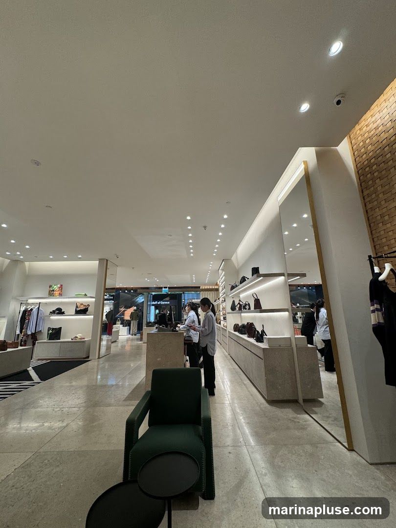 The image shows the interior of a well-lit, modern boutique. Racks of clothing and shelves displaying handbags and accessories are visible. A green armchair and a small side table are placed in the foreground. Several staff members are attending to customers or working behind a counter. The overall ambiance is clean and sophisticated.