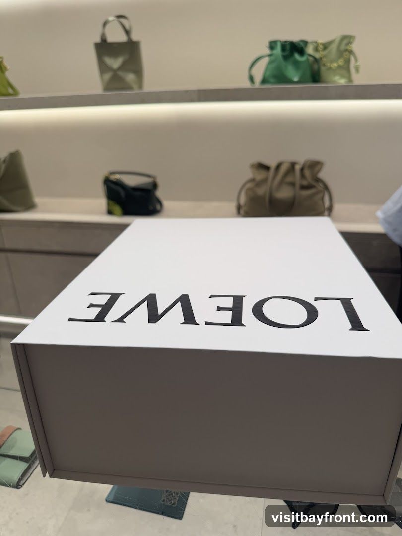 A white box with the Loewe logo printed in black on top. The box is placed on a glass surface, with shelves of handbags visible in the background.